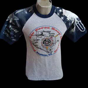 Mens T-shirt Small PERRIN AIR FORCE BASE DENISON TEXAS SLEEVE PRINT RINGER